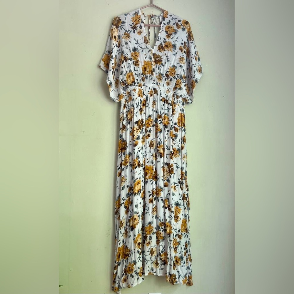 Nina Leonard White Maxi Dress with Mustard Floral Print